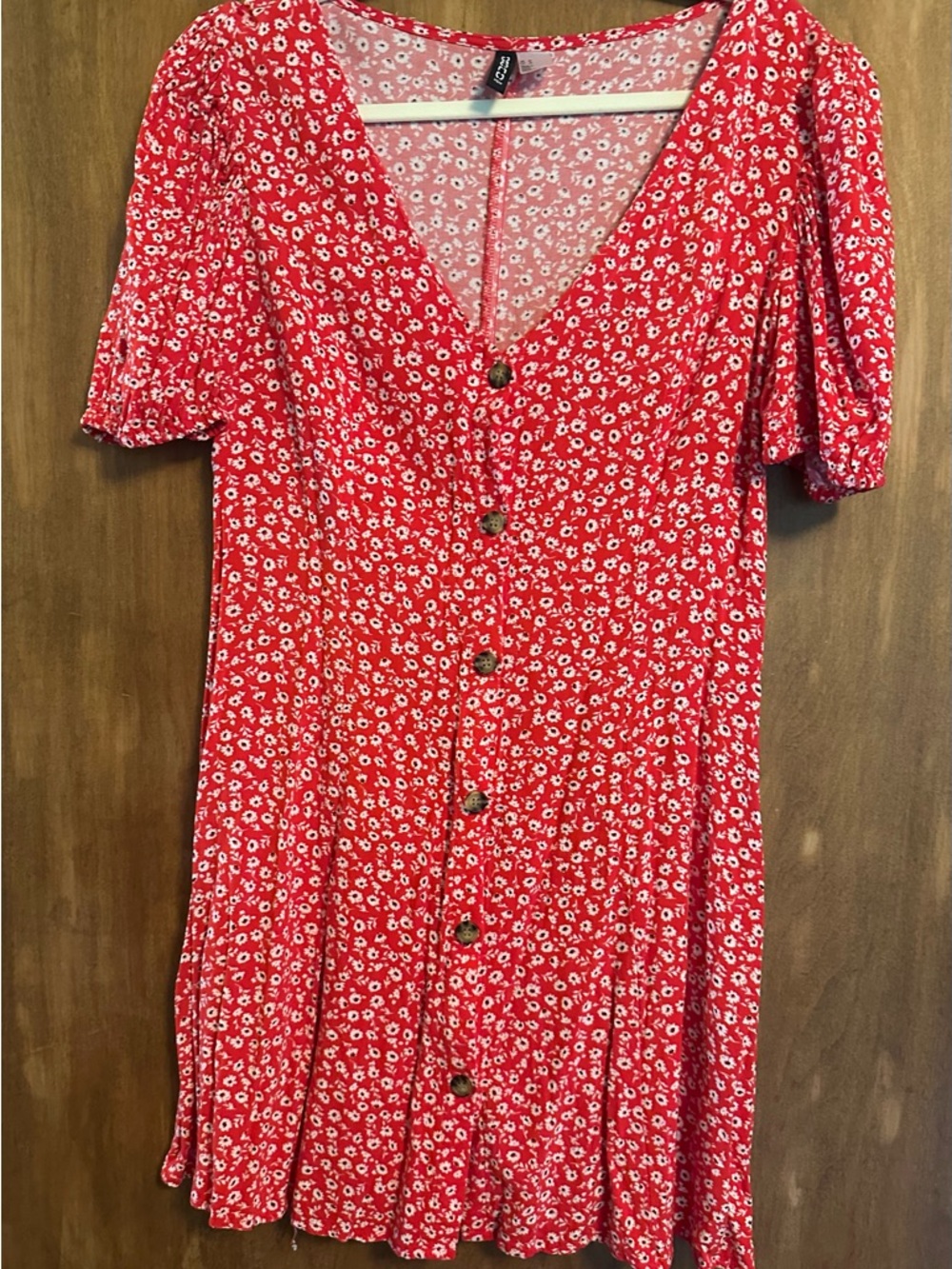 Divided Red Mini Dress with White Daisy Print